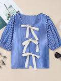 Stripe Tied Front Puff Short Sleeve Top - felvior