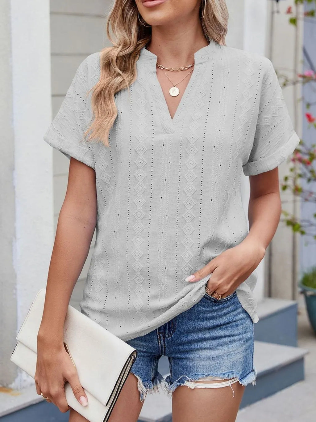 Eyelet Notched Short Sleeve Top
