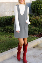 Lovelet Pocketed V-Neck Mini Sweater Overall Dress