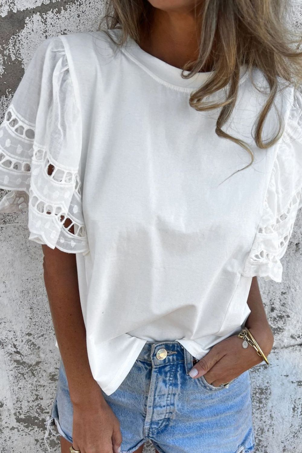 Hollow Out Embroidered Short Sleeve Round Neck Top - felvior