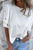Hollow Out Embroidered Short Sleeve Round Neck Top - felvior