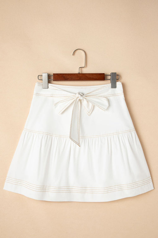 Contrast Stitching Trim Knotted High Waist A-Line Mini Skirt - felvior
