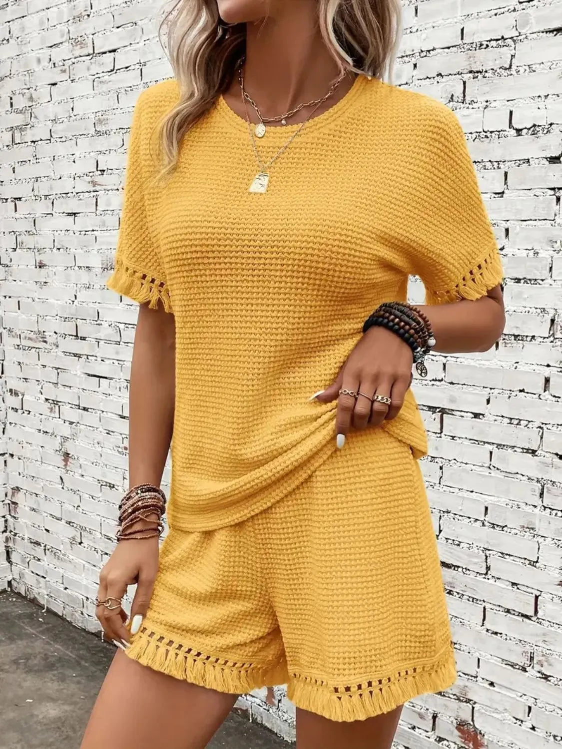 Tassel Round Neck Top and Shorts Set - felvior
