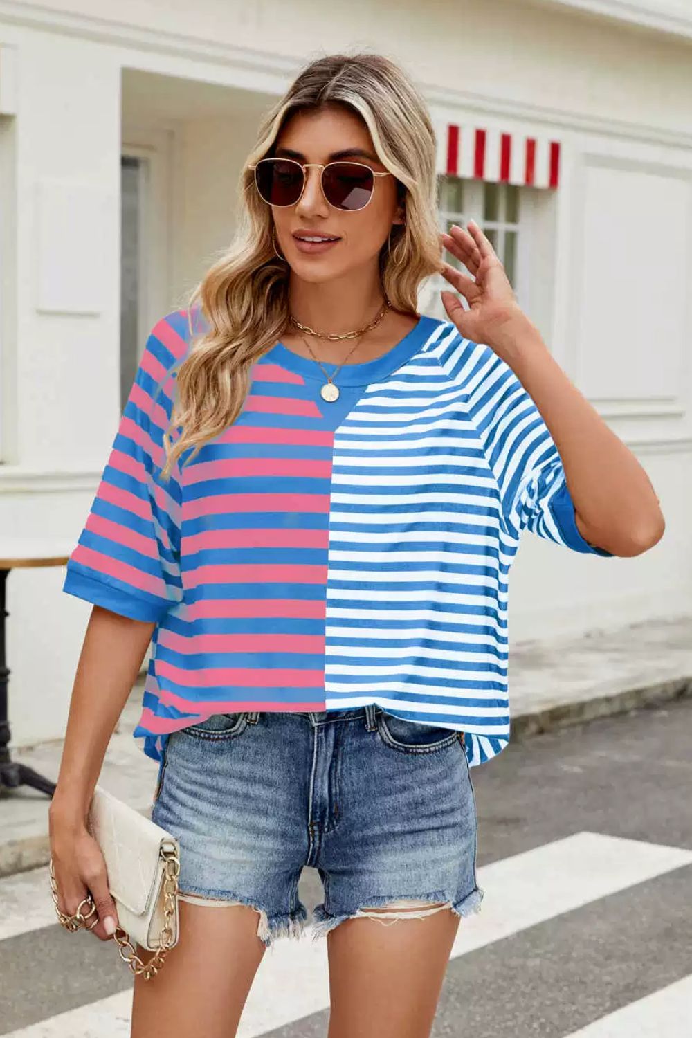 Striped Round Neck Half Sleeve T-Shirt - felvior