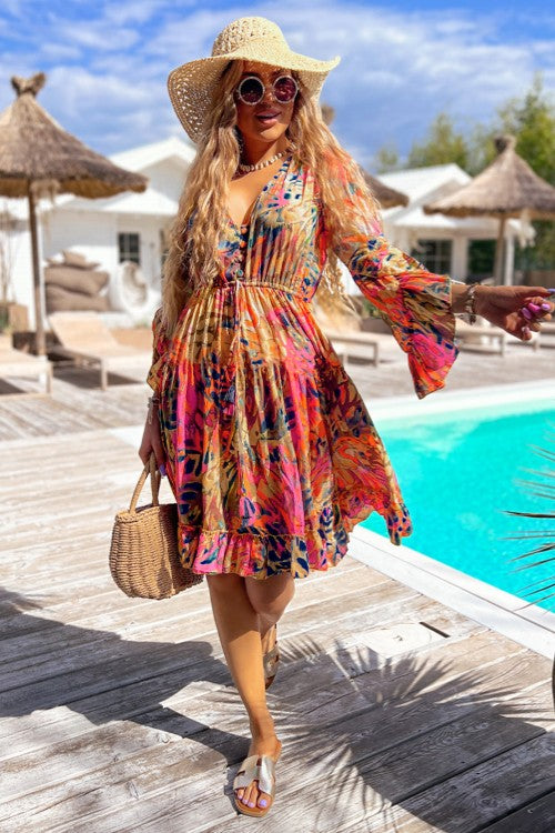 Printed Flare Sleeve Ruffled Hem Dress