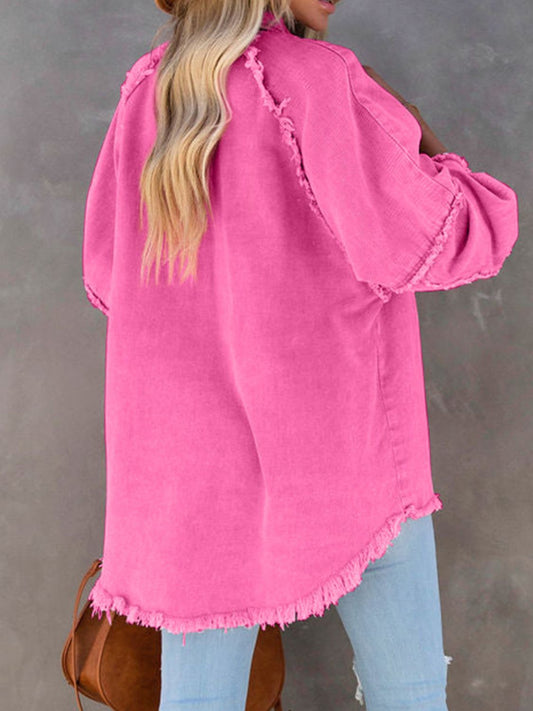 Button Down Raw Hem Denim Jacket - felvior