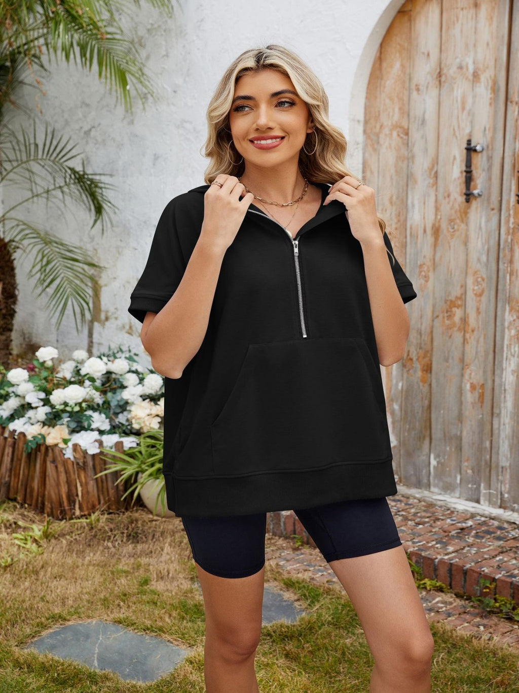 Half Zip Short Sleeve Hooded Top