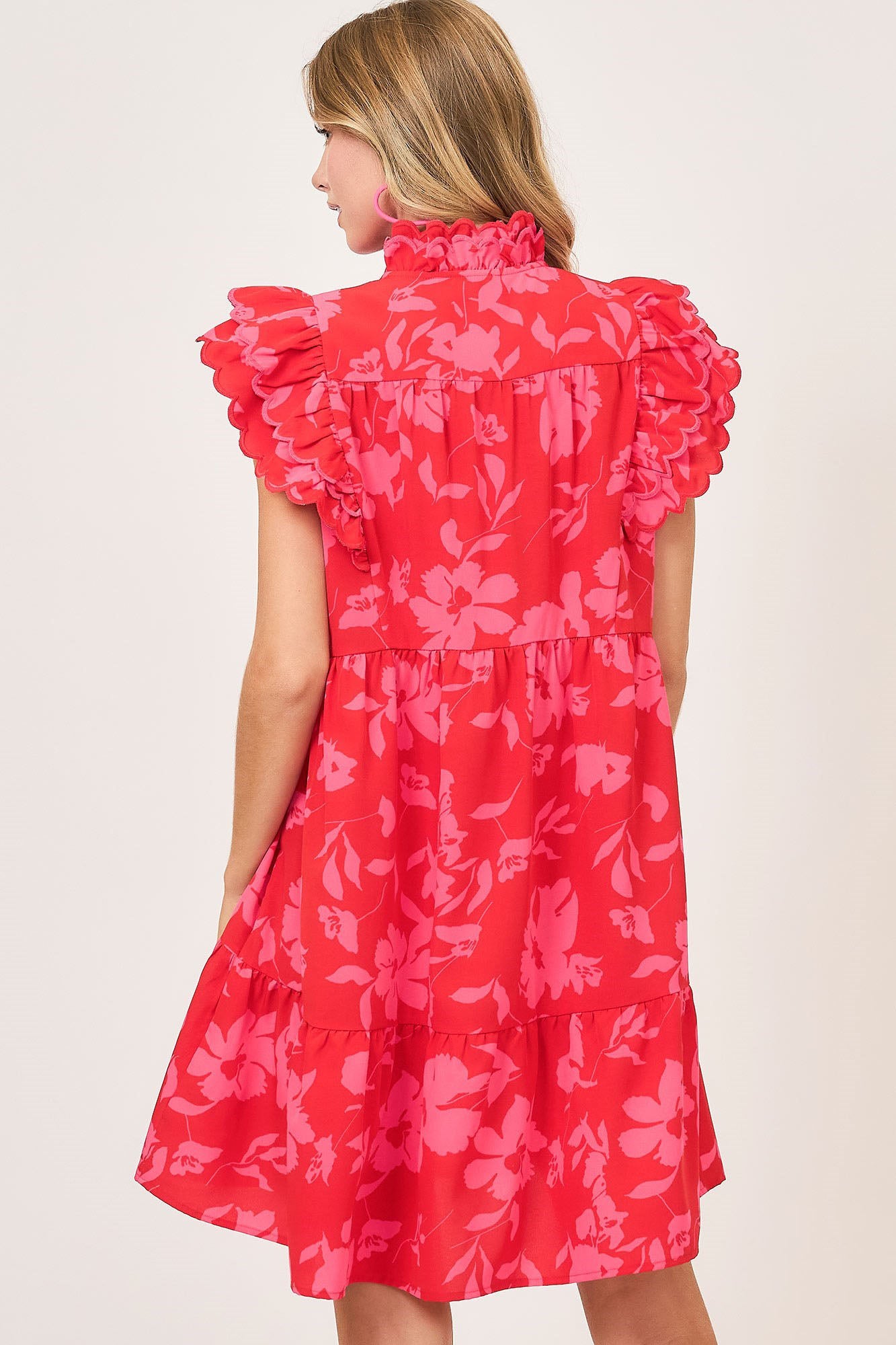 Umgee Full Size Two Tone Floral Print Ruffle Cap Sleeve Mini Dress Plus Size Secondary image