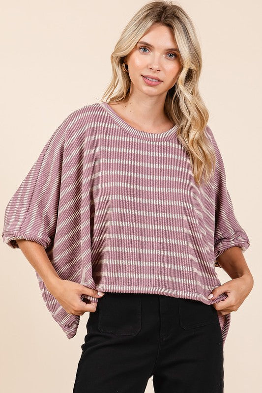 Mittoshop Texture Striped Print Round Neck Dolman Sleeve Top