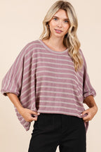 Mittoshop Texture Striped Print Round Neck Dolman Sleeve Top