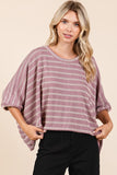 Mittoshop Texture Striped Print Round Neck Dolman Sleeve Top