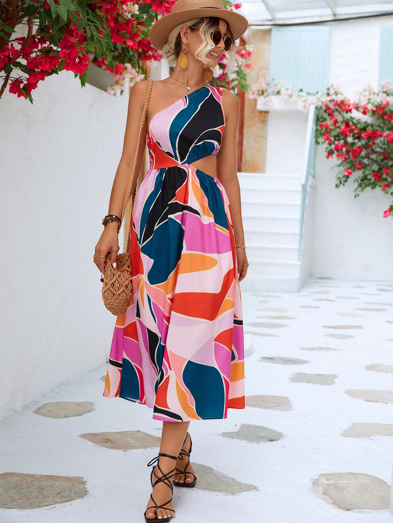Printed Cutout One-Shoulder Sleeveless Dress - felvior