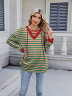 Lace-Up Striped Long Sleeve T-Shirt