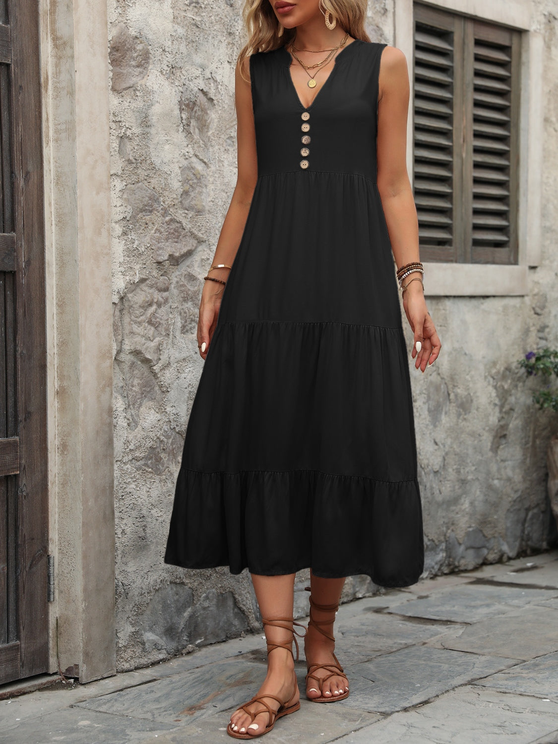 Ivy Lane Decorative Button Notched Sleeveless Dress - felvior