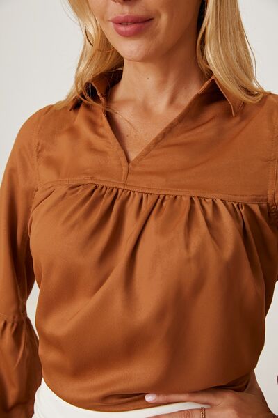 Balloon Sleeve Collared Neck Blouse - felvior