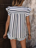 Contrast Striped Notched Ruffled Cap Sleeve Blouse - felvior