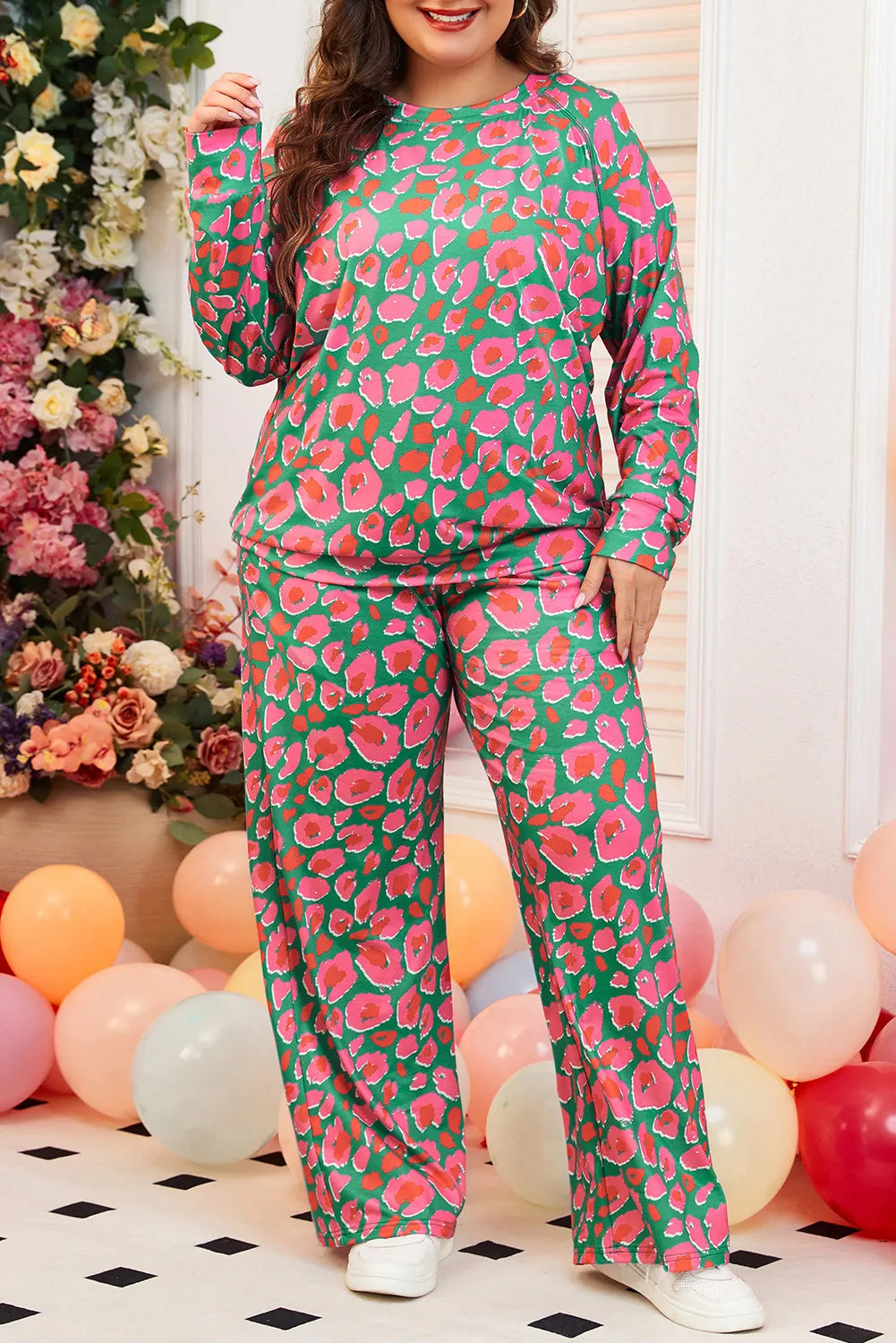 Plus Size Printed Round Neck Long Sleeve Top and Pants Set Main image