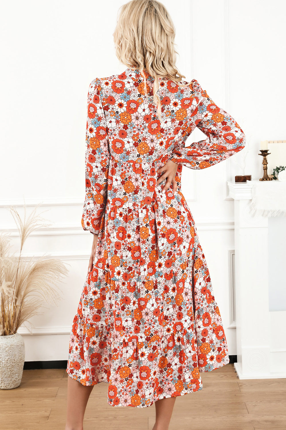 Floral Notched Neck Long Sleeve Dress - felvior