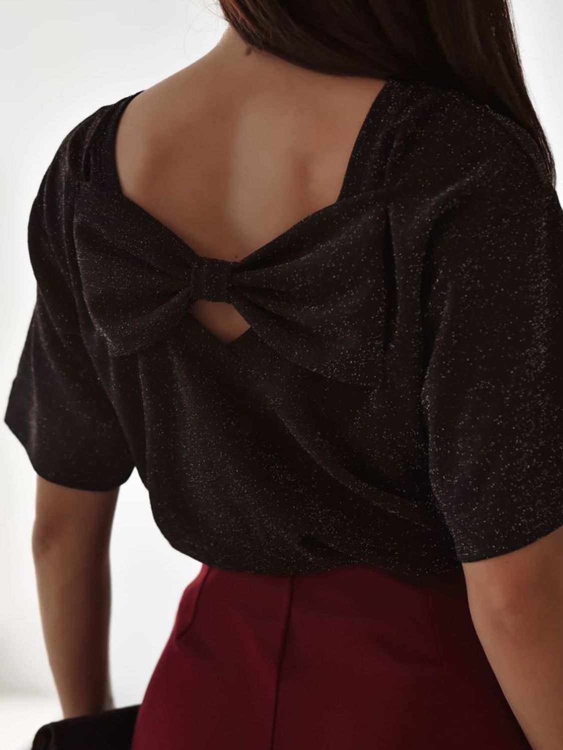 Bow Back Round Neck Short Sleeve Blouse