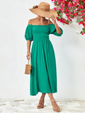 Off-Shoulder Balloon Sleeve Midi Dress - felvior