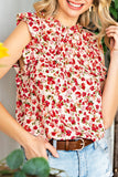 Ruffled Floral Round Neck Cap Sleeve Blouse - felvior