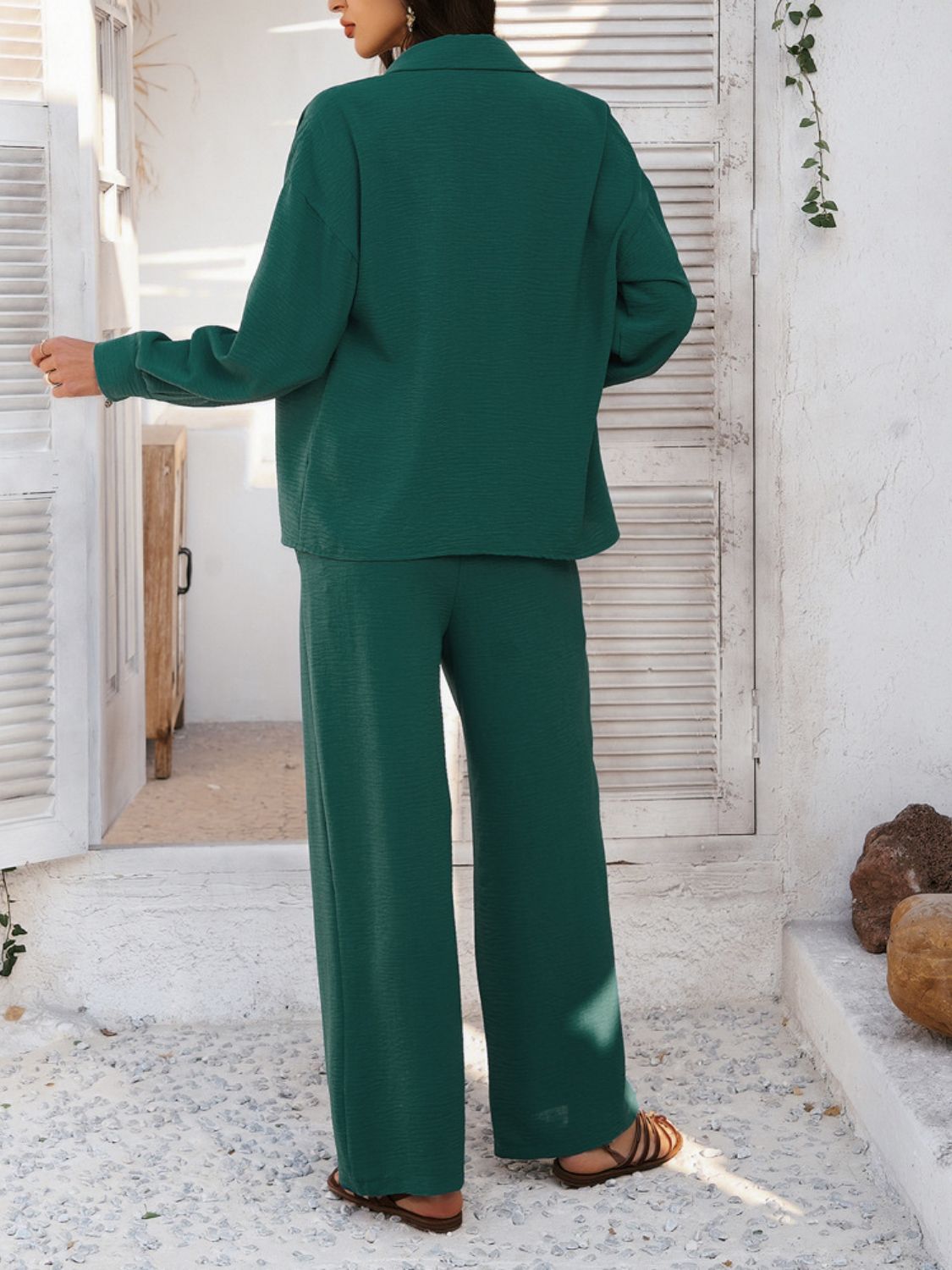 Devine Collared Neck Long Sleeve Top and Pants Set
