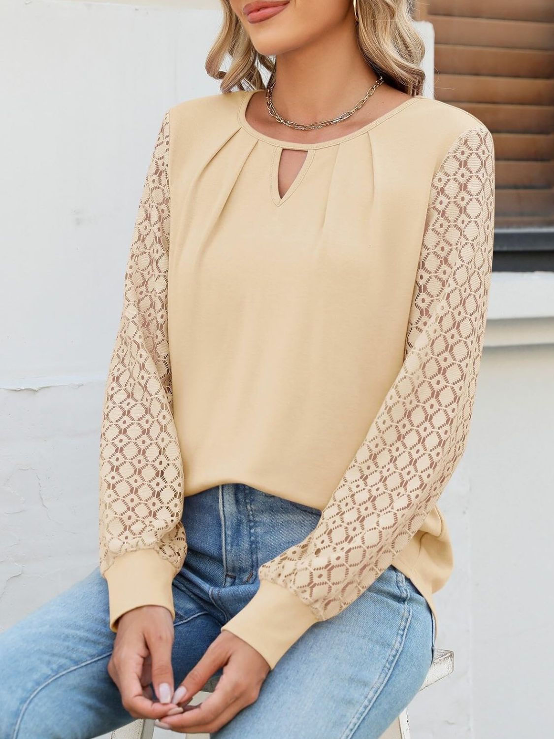 Cutout Round Neck Lace Long Sleeve Blouse - felvior