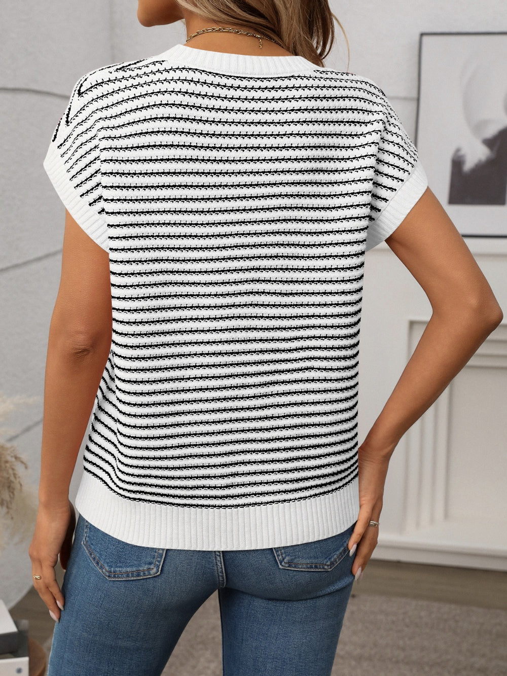 Striped Round Neck Short Sleeve Knit Top