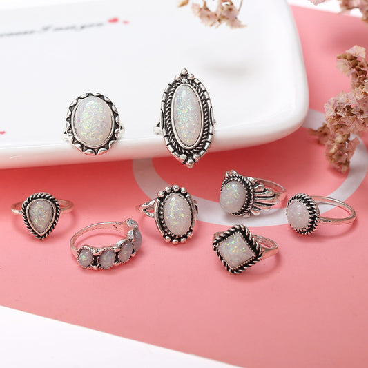 Opal Alloy Geometric Ring 8-Piece Set - felvior