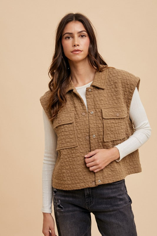 Annie Wear Puzzle Quilted Snap Down Vest Coat - felvior