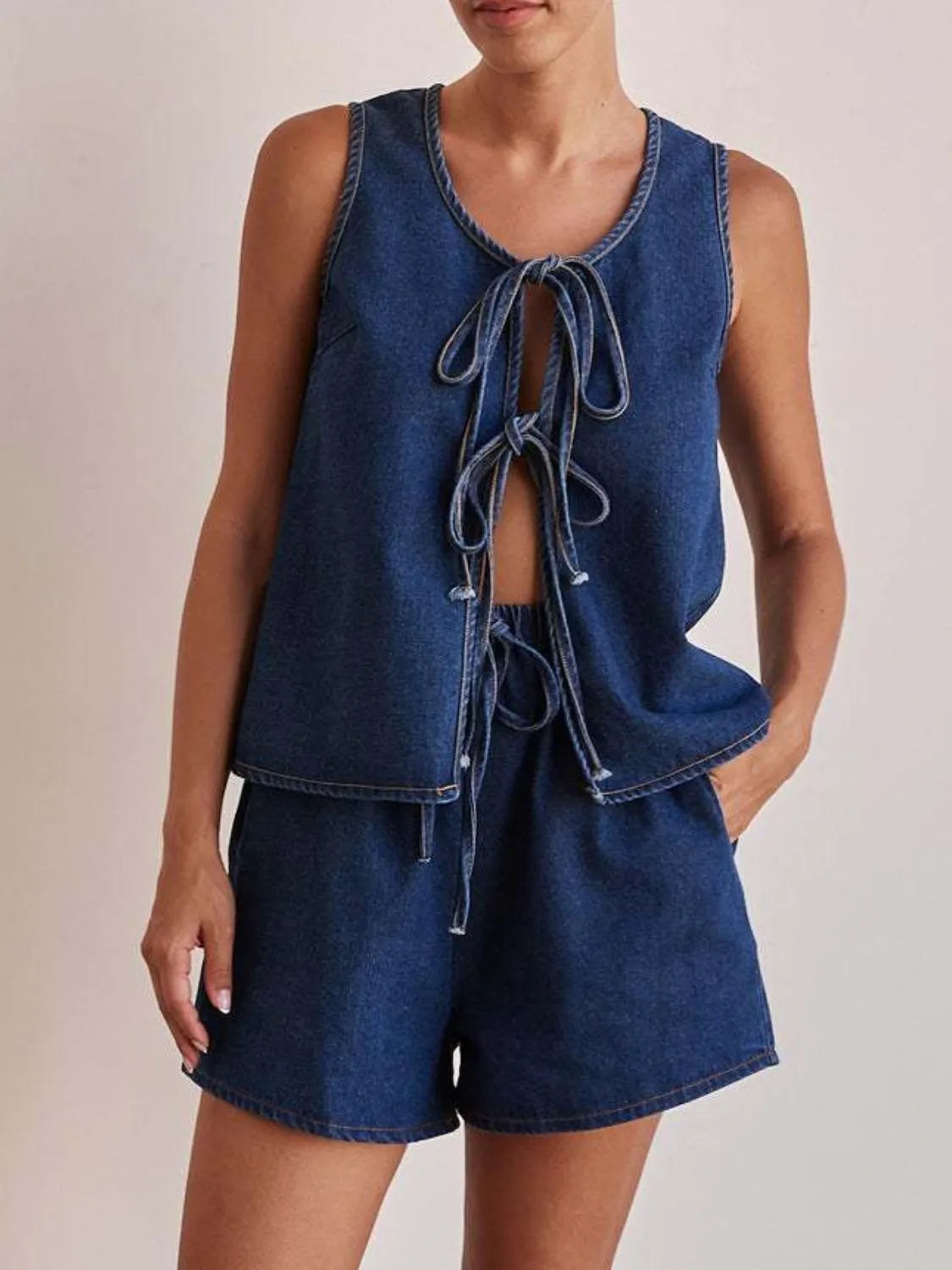 Tie Front Vest and Shorts Denim Set