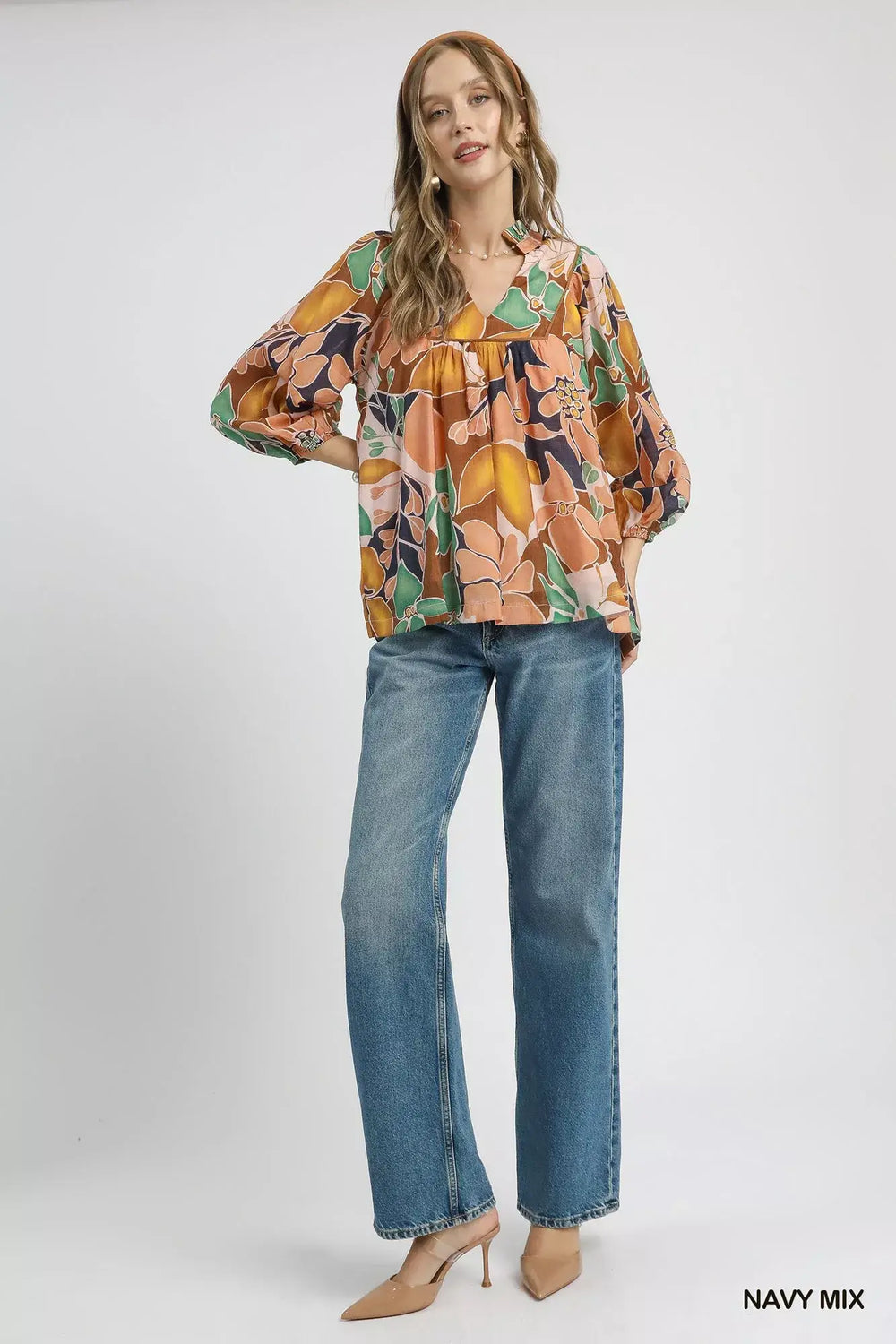 Umgee Multicolor Abstract Floral Print Blouse with Ruffle Neck
