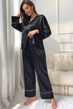 Contrast Piping Button-Up Top and Pants Pajama Set - felvior
