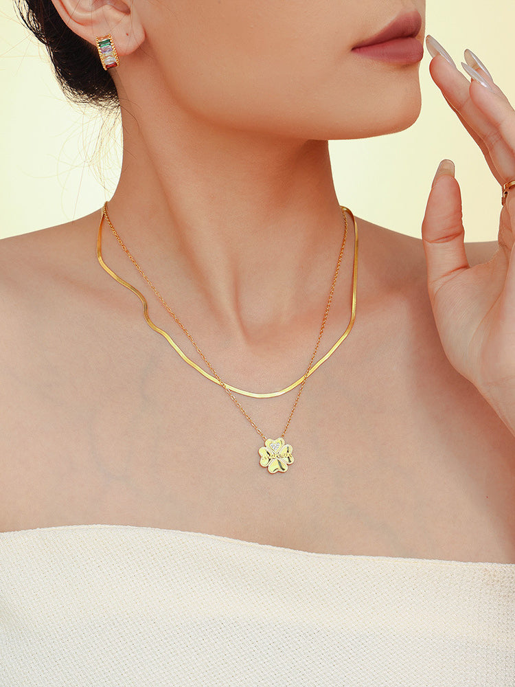 2 Piece 18K Gold-Plated Inlaid Zircon Lucky Clover Necklace - felvior