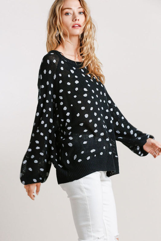 Umgee Full Size Dalmatian Hand Stamped Round Neck Sweater Plus Size - felvior