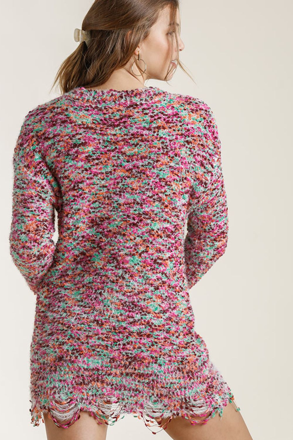 Umgee Full Size Distressed Hem Multicolored Round Neck Knit Tunic Dress Plus Size - felvior