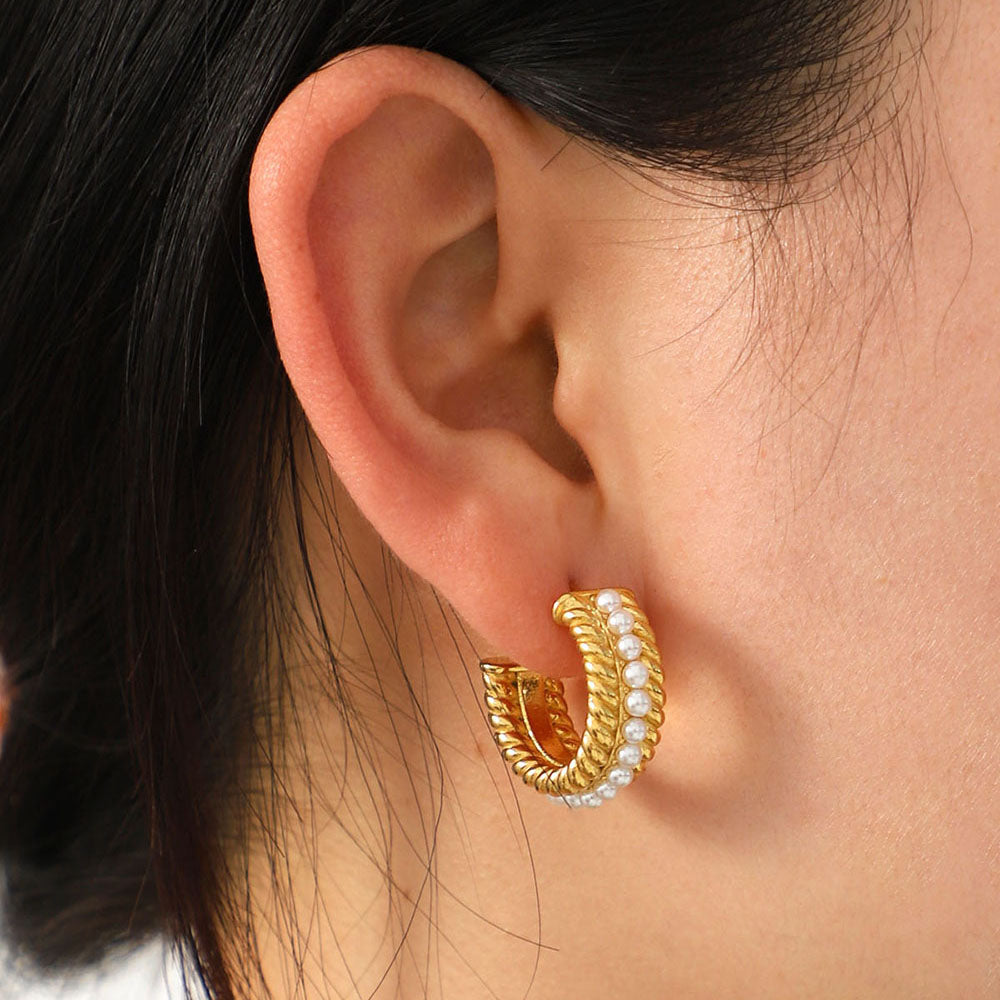 Stainless Steel Pearl C-Hoop Earrings - felvior