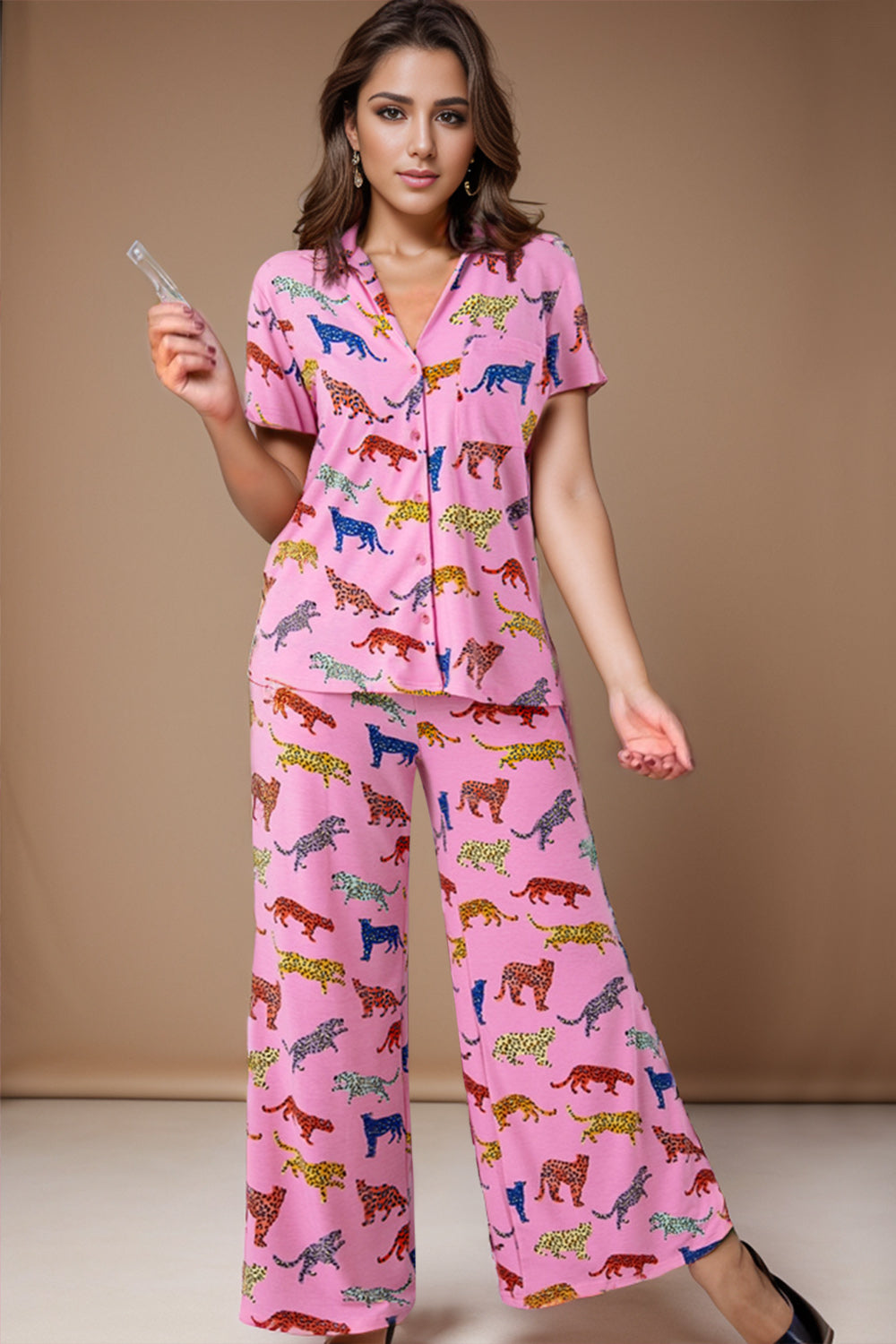 Animal Button Up Top and Pants Lounge Set - felvior