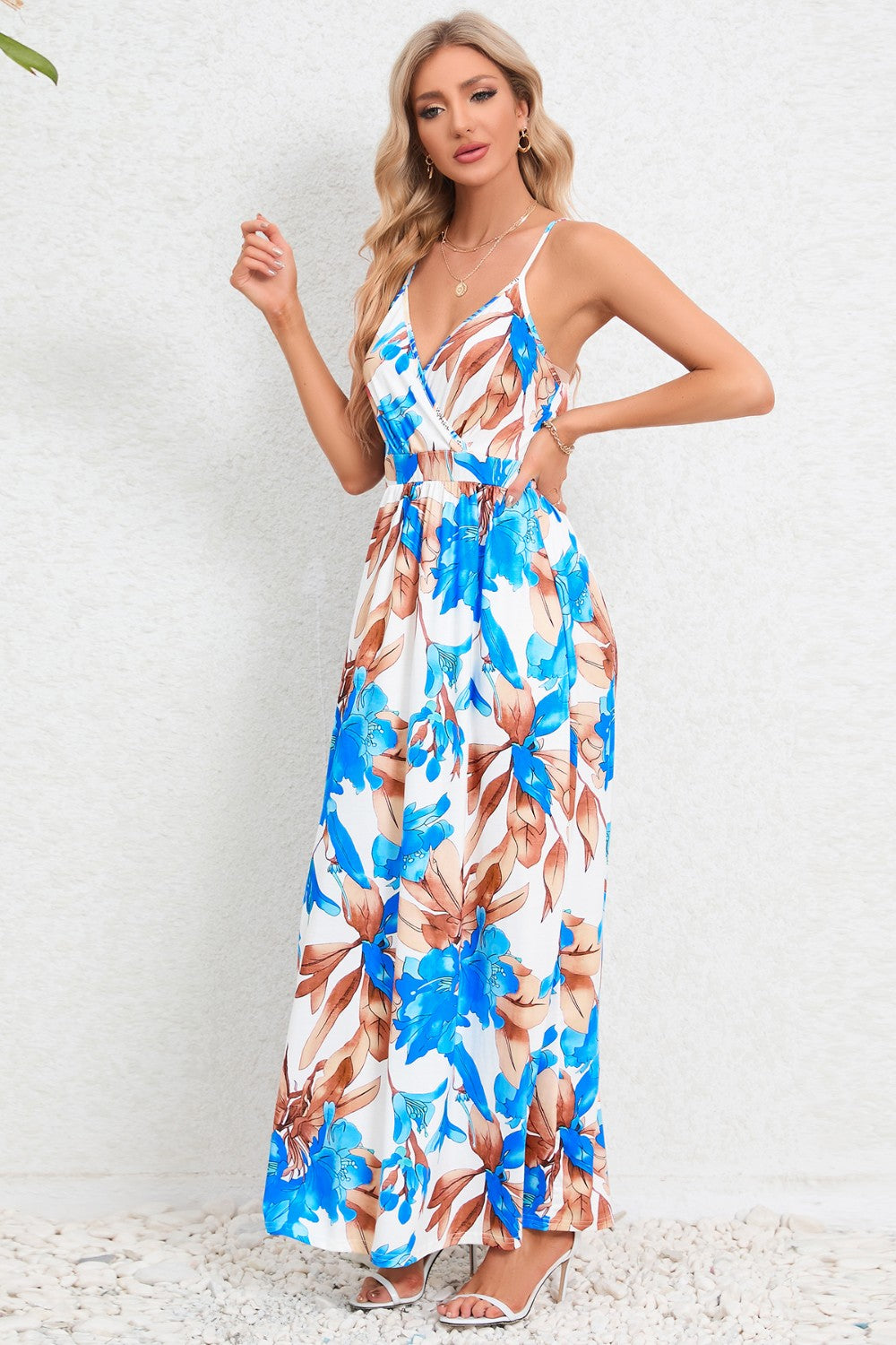 Printed Surplice Maxi Cami Dress - felvior