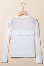 Pearl Decor Mesh Patchwork Ribbed Long Sleeve Top