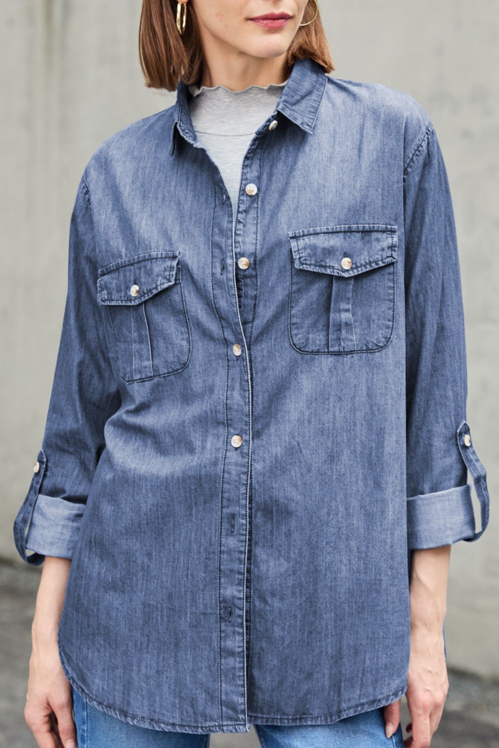 Pocketed Collared Neck Long Sleeve Denim Top - felvior