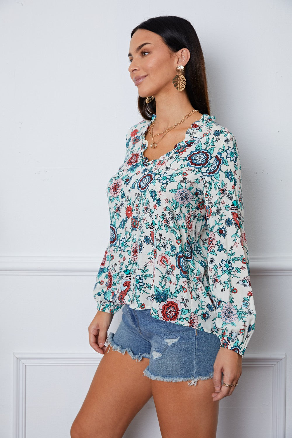 Floral Notched Long Sleeve Blouse - felvior