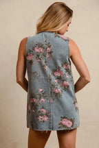 BiBi Floral Print Washed Denim Long Rider Vest