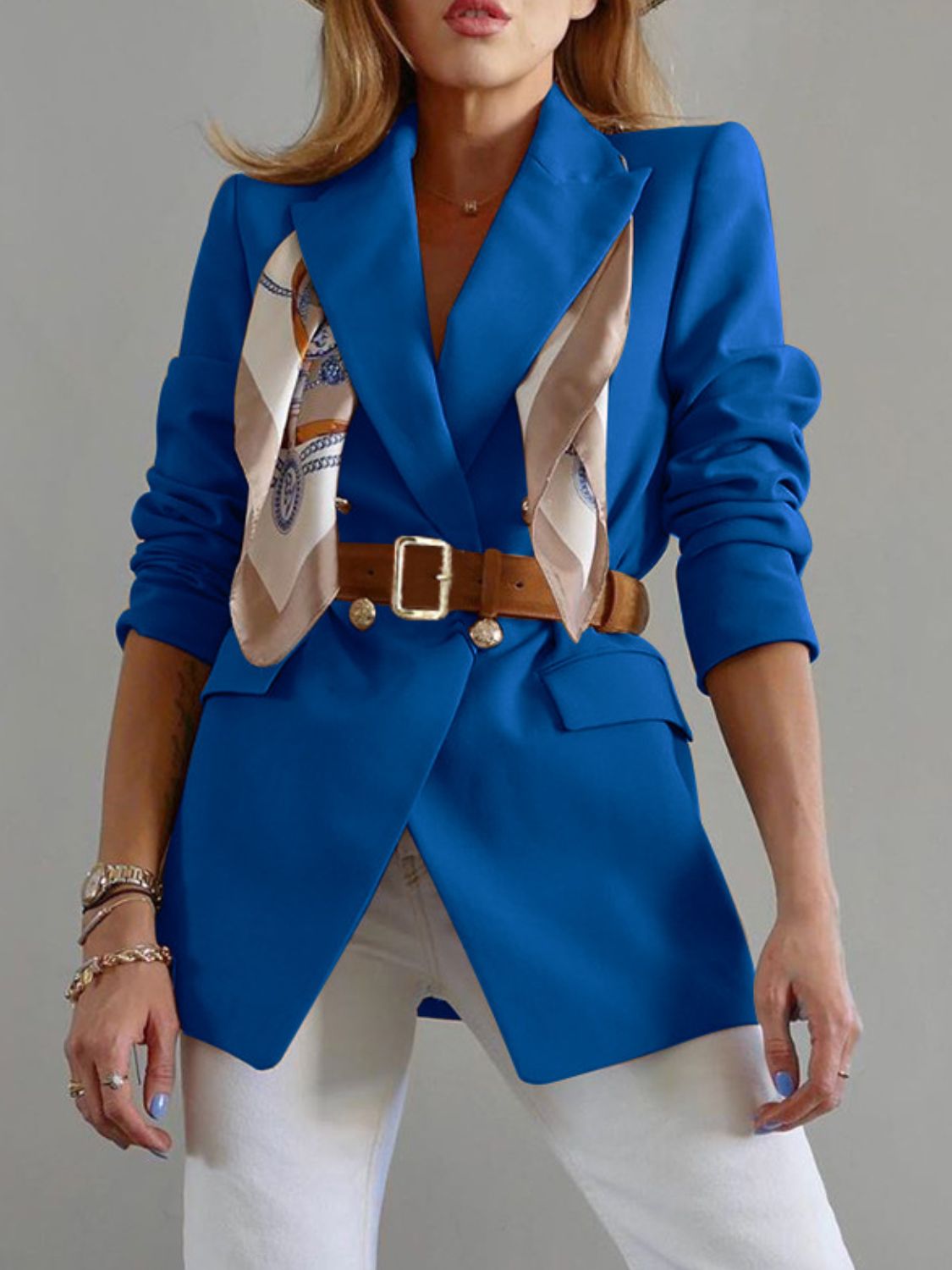 Buttoned Lapel Collar Long Sleeve Blazer - felvior