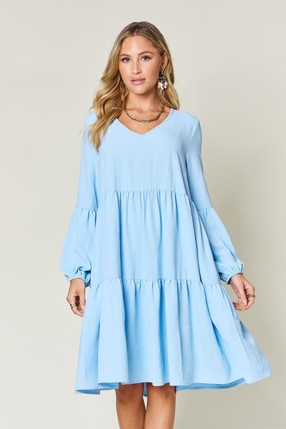 Double Take Full Size V-Neck Balloon Sleeve Tiered Dress with Pockets - felvior
