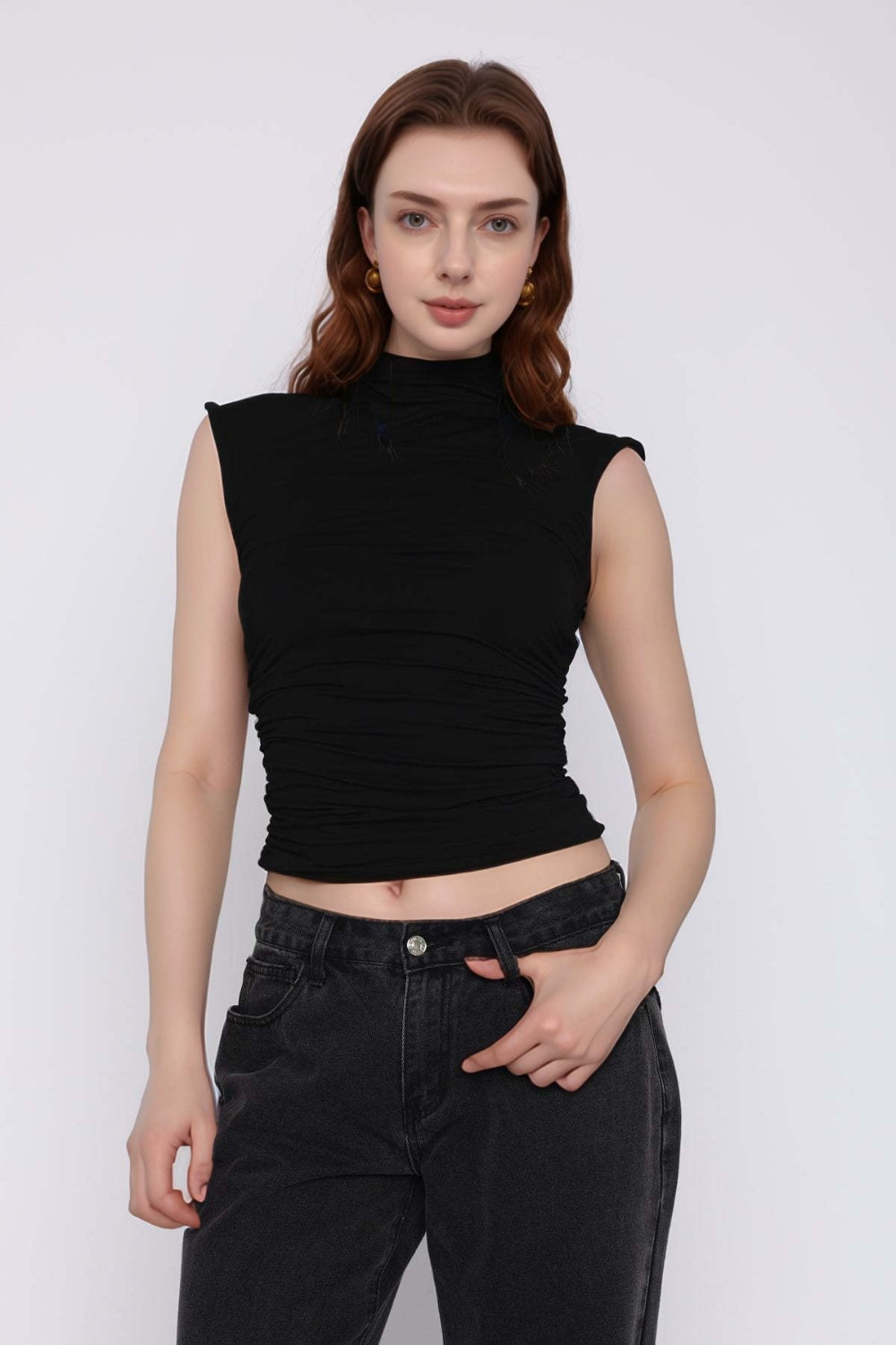 Mock Neck Ruched Tank - felvior