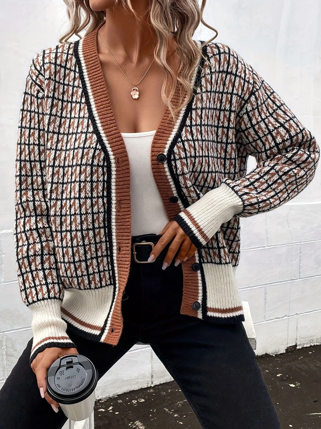 Plaid V-Neck Button Up Cardigan - felvior