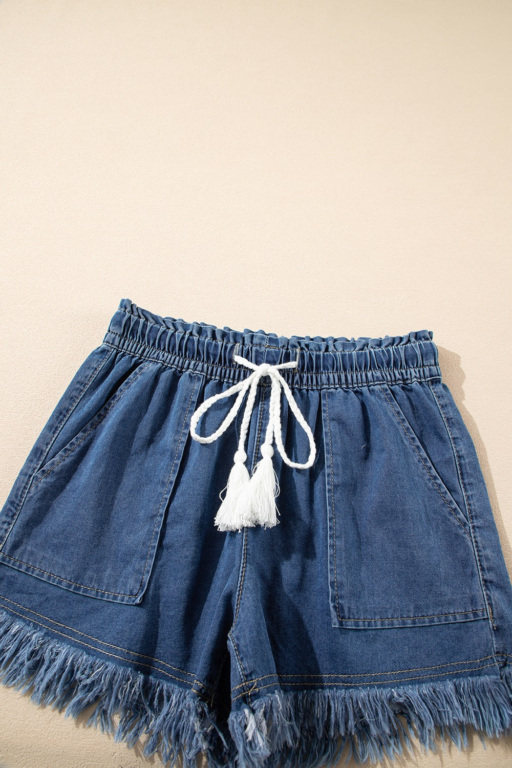 Raw Hem Drawstring High Waist Denim Shorts with Pockets - felvior