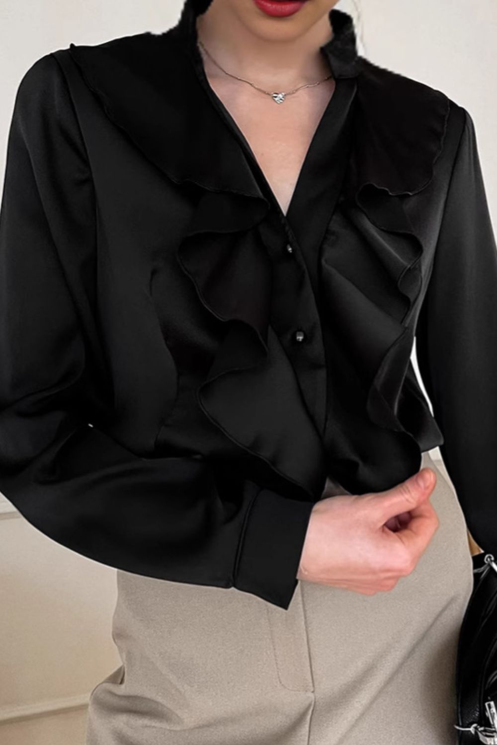 Ruffled Notched Long Sleeve Shirt - felvior