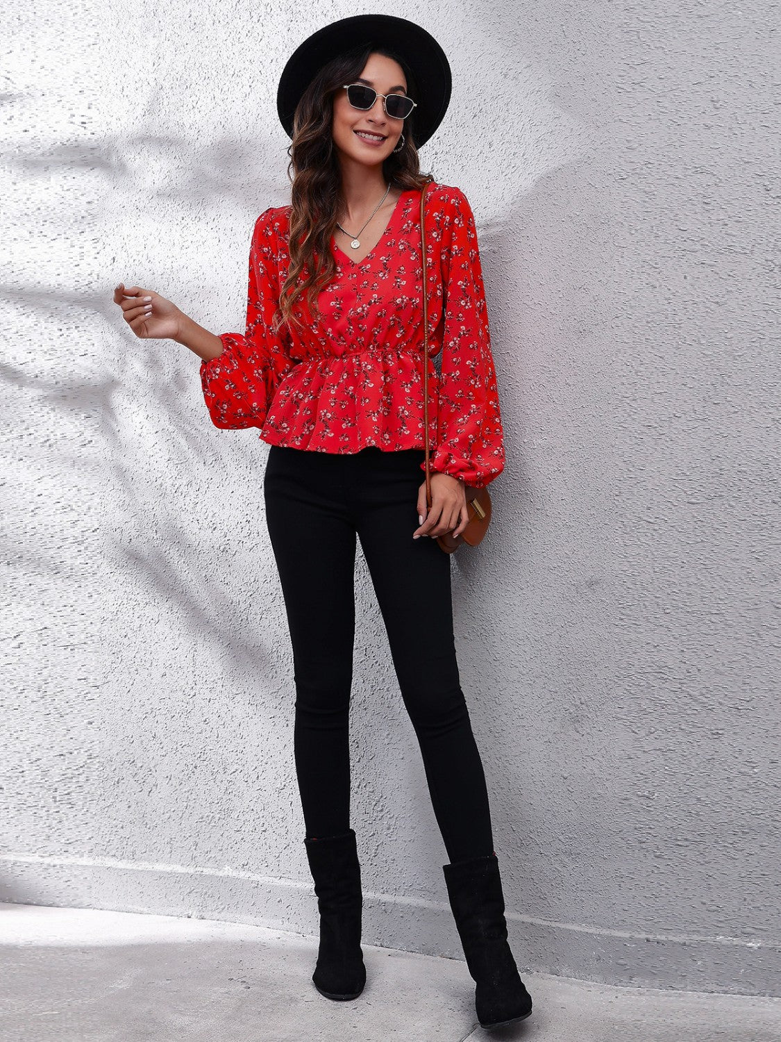 Floral V-Neck Balloon Sleeve Peplum Blouse - felvior